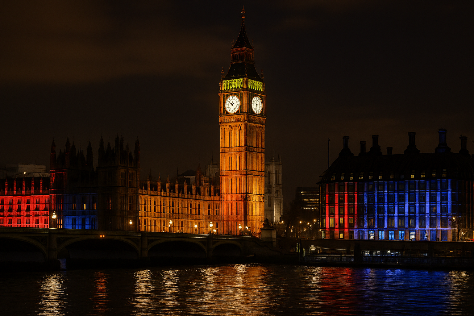 Buildings bask in red, white and blue light to commemorate VE Day