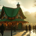Cinematic wide angle shot of a vibrant St Patricks Day parade in Londons Trafalgar Square showcasing Irish dancers green attire and cultural flags