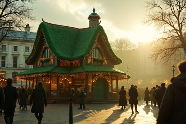 Cinematic wide angle shot of a vibrant St Patricks Day parade in Londons Trafalgar Square showcasing Irish dancers green attire and cultural flags