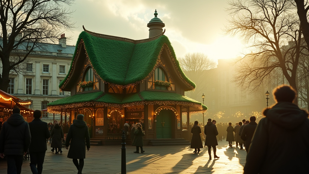 Cinematic wide angle shot of a vibrant St Patricks Day parade in Londons Trafalgar Square showcasing Irish dancers green attire and cultural flags
