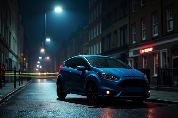 Cinematic wide angle shot of a luxury London store with shattered glass representing a smash and grab robbery