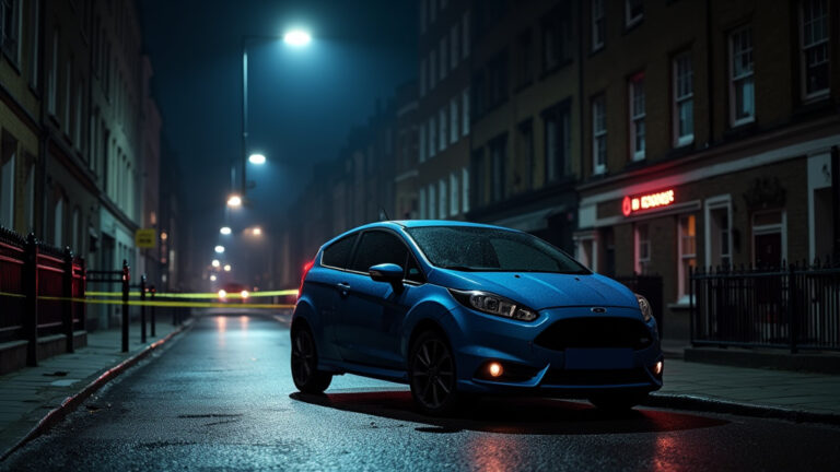 Cinematic wide angle shot of a luxury London store with shattered glass representing a smash and grab robbery