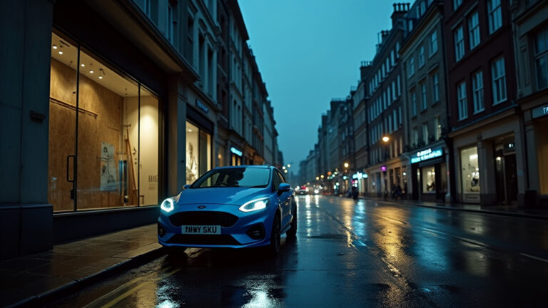 Cinematic wide angle shot of a shattered storefront on a London street at night symbolizing the impact of smash and grab robberies