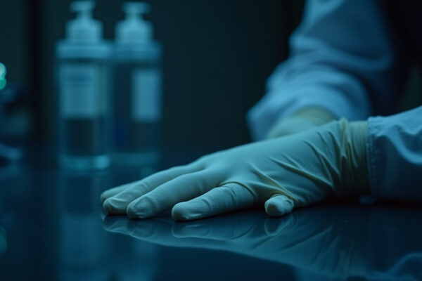 Cinematic wide angle shot of a sterile dimly lit medical clinic symbolizing the serious and rapidly evolving meningitis outbreak in Canterbury