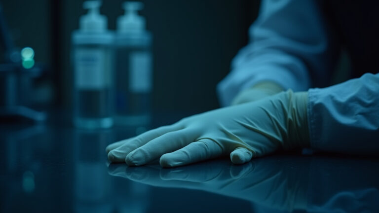 Cinematic wide angle shot of a sterile dimly lit medical clinic symbolizing the serious and rapidly evolving meningitis outbreak in Canterbury