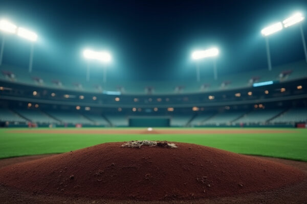 Cinematic wide angle shot of a baseball stadium during the World Baseball Classic final symbolizing intense competition and championship atmosphere