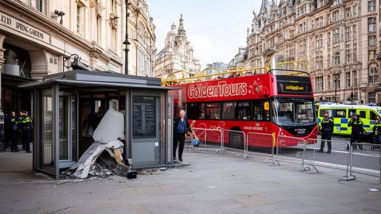 London Traffic Chaos: Golden Tours Bus Strikes Trafalgar Stand